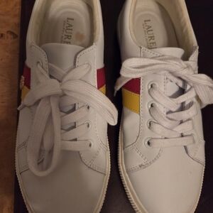 Lauren Ralph Lauren White Sneakers with Red and Yellow Stripes